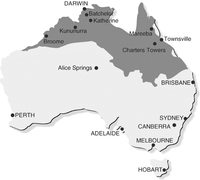 Situering van de Australische tropische savannes in het noorden van het land.