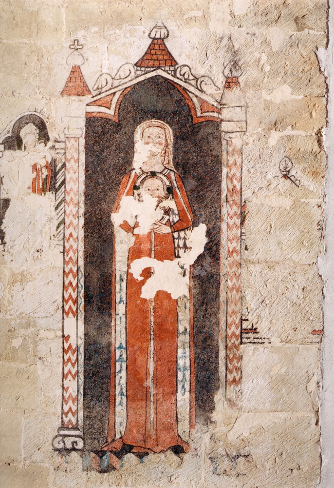 Anoniem, Maria Magdalena als christophorè, ca. 1300. Tempera op muur, 195 x 43 cm. Sint-Truiden, Begijnhofkerk Sint-Agnes.